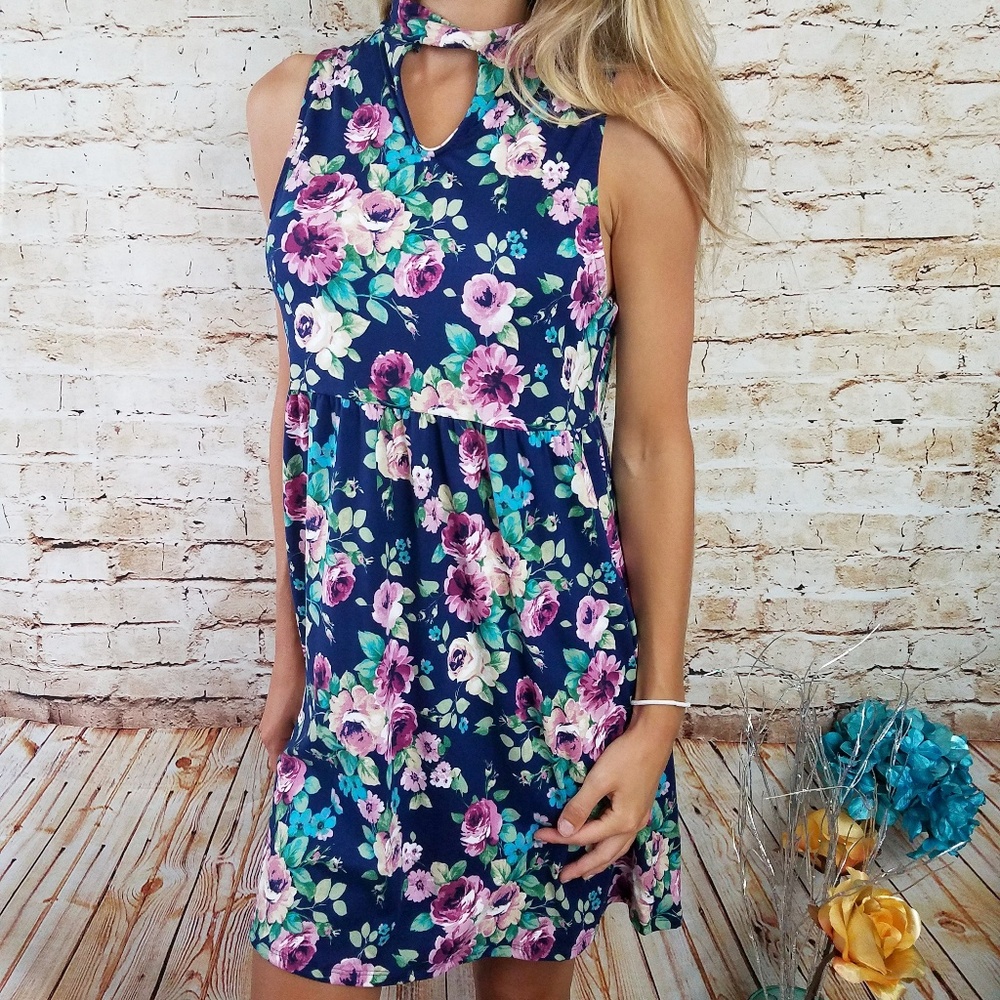 Blue Floral Choker Dress Mini